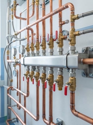 Close-up of a clean stainless steel manifold system installed on a clinical wall, copper piping, brass valves, bright daylight, sharp focus