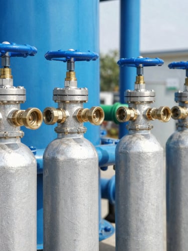 Professional industrial gas distribution manifold with high-pressure steel cylinders, brass valves, clean metallic textures, safety blue accents, bright daylight.