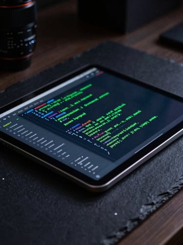 Moody tech photography of a physical Android tablet on a dark slate desk, low-key ambient screen glow highlighting a complex code IDE, neon green accents, macro lens