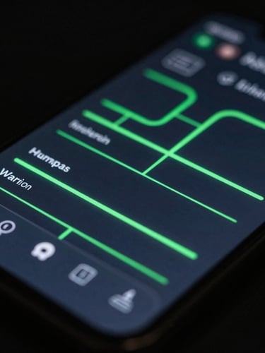 Macro shot of a high-fidelity mobile UI wireframe on a physical Android screen, glowing green lines, dark slate background, technical schematic aesthetic