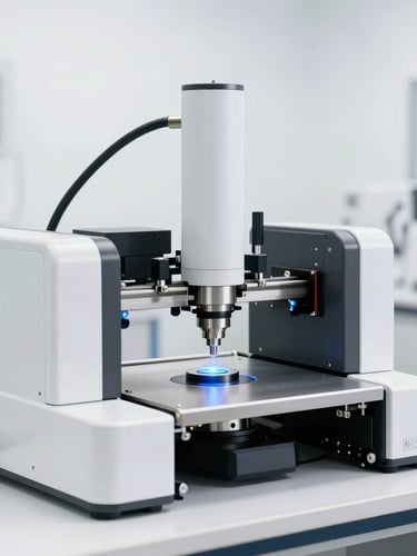 Interior of a modern, clean optical laboratory with automated lens surfacing equipment under bright daylight, sharp focus