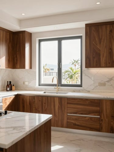Bright interior photography of a luxurious modern Saudi kitchen with solid wood cabinets, marble countertops, natural sunlight streaming through a large window, 35mm lens