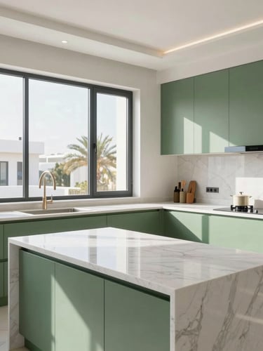Bright modern kitchen interior in a Riyadh villa, natural sunlight streaming through large windows, premium white marble countertops, sleek green cabinets, high-end Saudi home aesthetic, 35mm lens
