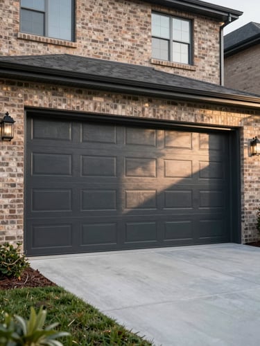 Environmental wide shot of a modern charcoal carriage-style garage door freshly installed on a brick-facade suburban home, afternoon natural light casting soft shadows across the door panels, driveway and landscaping visible, no people