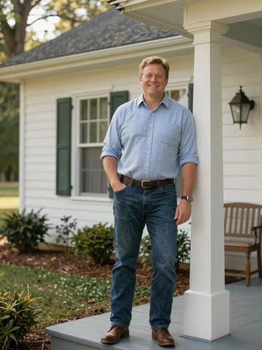 A warm, natural light environmental portrait of Collin Myers standing on the porch of a classic North Carolina craftsman home, smiling professionally.