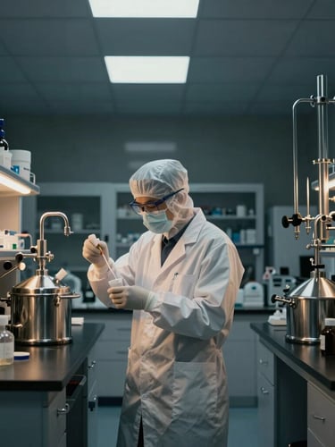 Clinical R&D laboratory environment, expert chemist in protective gear formulating dermo-cosmetics, high-end stainless steel formulation vessels, cool-toned professional lighting.