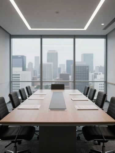 Wide shot of a minimal modern boardroom interior, an empty long table under cool overhead lighting, floor-to-ceiling windows revealing a grey urban skyline, organized documents stacked at one end, no people