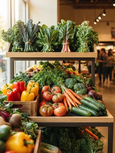 A bright clean supermarket shelf with fresh organic vegetables, warm natural daylight, sharp focus