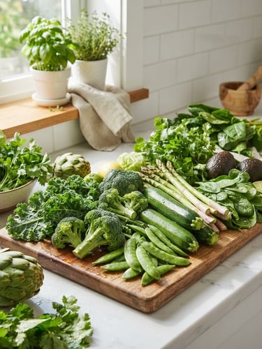 Bright clean kitchen counter with fresh organic green vegetables, warm natural daylight, vibrant fresh colors, sharp focus