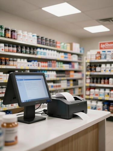 Wide environmental shot of a supplement shop counter, bright overhead lighting, a POS terminal screen glowing in the foreground left, product shelves densely stocked behind the counter, no people, transaction receipt emerging from printer