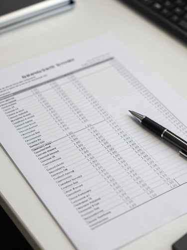 Overhead close-up of a printed report on a white desk under fluorescent office lighting, rows of supplement product names with sales figures visible, a pen resting on the paper, no faces or people