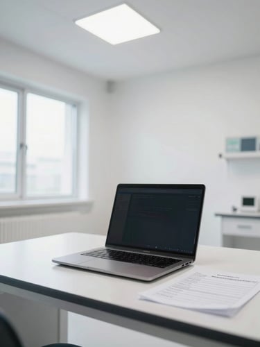 Wide environmental shot of a clinical consultation room, desk with open laptop and supplement prescription notes under bright natural window light from the left, clean white walls, professional overhead fluorescent fill, no people visible — institutional and precise