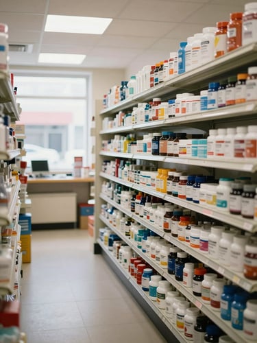 Wide interior of a supplement shop, shelves stocked with organized product rows, bright fluorescent and natural window light, counter visible in background, no people, clinical retail environment