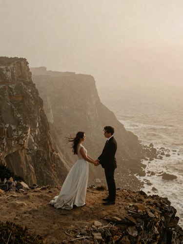 Cinematic wide shot of a couple holding hands on a rugged foggy cliffside, wind-blown hair, soft warm earth tones, 35mm film grain