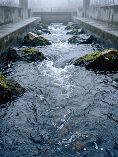 Close-up of clean, cold river water rushing through a concrete discharge channel, mossy rocks, misty overcast daylight, 35mm photography
