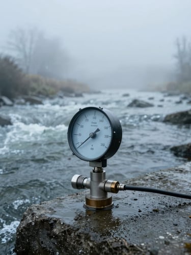 Extreme close-up of a high-precision water flow monitoring sensor mounted on wet concrete inside a rushing riverbed channel, misty overcast daylight, cold tones.