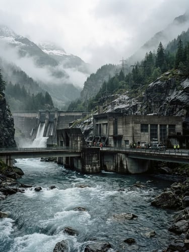 Wide-angle industrial photography of a massive concrete run-of-river hydroelectric plant integrated into a misty, overcast alpine mountain valley, cold rushing river water in the foreground, 35mm lens.