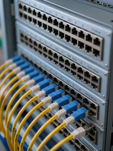 Close-up overhead of a network patch panel, dense rows of RJ45 cables color-coded and labeled, cable management channels visible, cool even studio lighting, sharp focus on connector housings and port labels