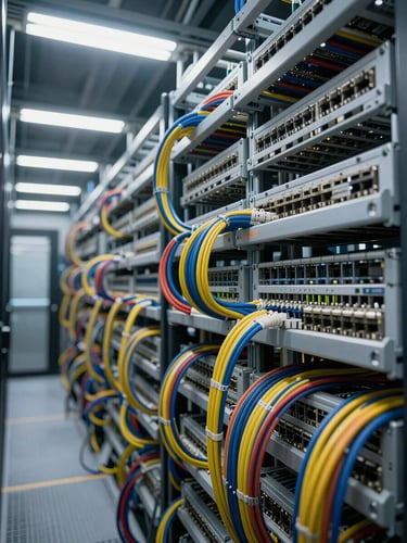 Wide environmental shot of a data center cable run, dense rows of color-coded network cables organized in overhead trays, cool even fluorescent light, no people, sharp focus on the infrastructure detail