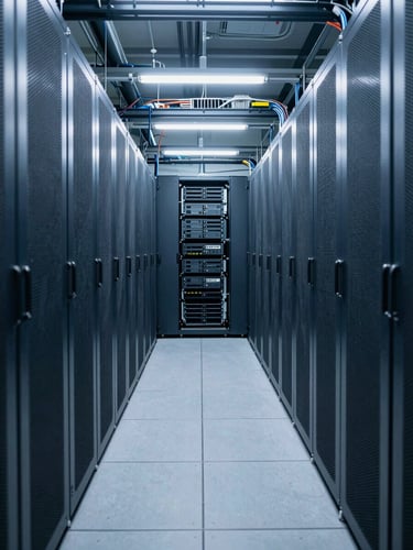 Wide shot of a server room corridor, dense rack-mounted hardware receding into cool blue-grey depth, overhead cable trays running full length, even fluorescent light casting no shadows, shot from ground level looking down the aisle