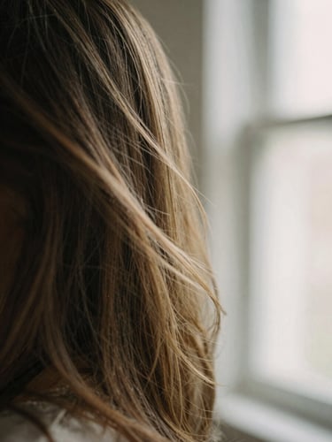 A close-up of hair texture and movement under soft, diffused natural light, warm editorial photography style with a shallow depth of field, 35mm