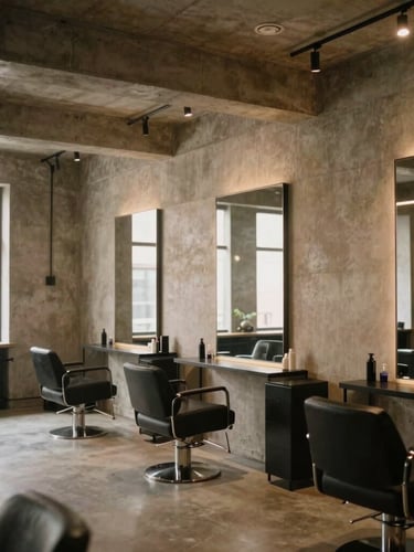 Architectural wide shot of a minimalist industrial-chic salon interior, warm concrete textures, matte black accents, soft amber lighting, 35mm photography