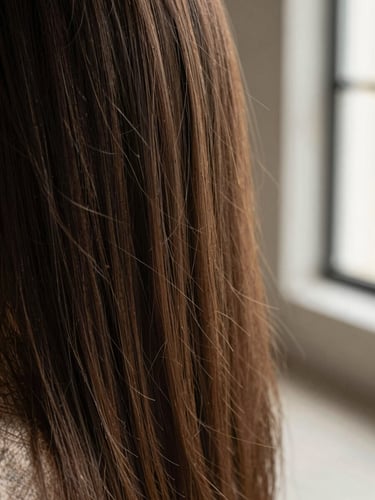 Close-up macro shot of healthy hair texture and natural movement, soft diffused window light, shallow depth of field, warm concrete tones.