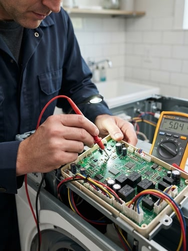 Close-up of a technician in a dark blue uniform using a digital multimeter to test a washing machine control board, bright focused work light, crisp details