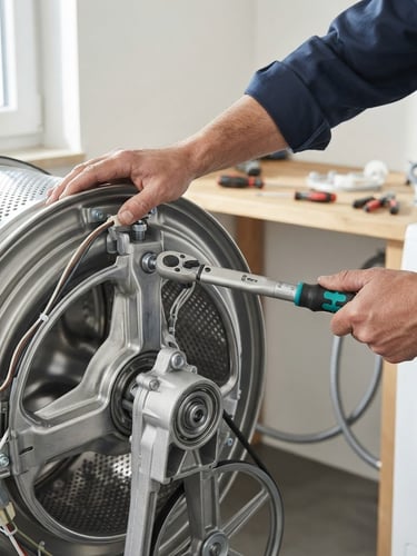 Close-up of a technician's hands using a specialized wrench to calibrate a premium washing machine drum, bright natural utility room light, sharp focus.