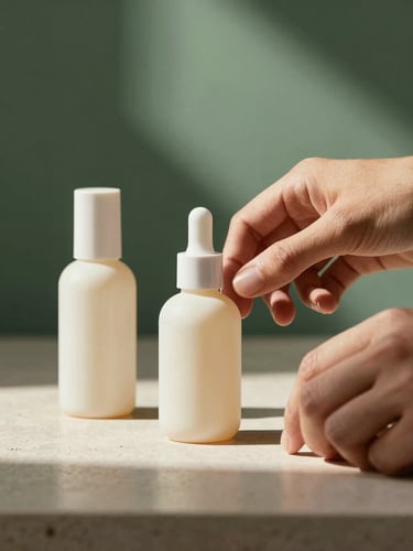 A close-up of hands arranging minimalist cosmetic bottles on a stone surface, crisp directional window light, warm cream tones, 35mm lens