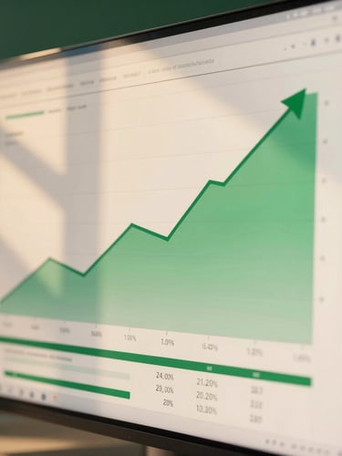 A tight, dynamic macro shot of an analytical retail dashboard on a high-end monitor, displaying green upward growth trends and customer acquisition metrics, crisp directional window light casting high-contrast shadows, deep forest green and warm cream tones, editorial corporate photography style, 35mm lens