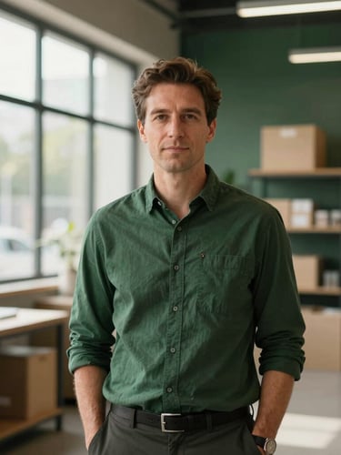 Environmental portrait of a retail founder in a modern warehouse showroom, sharp directional window light, deep forest green tones, 35mm lens