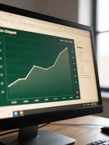 Macro shot of analytical e-commerce dashboard on high-end monitor showing sharp growth curve, warm cream accents, crisp directional window light, 35mm lens.