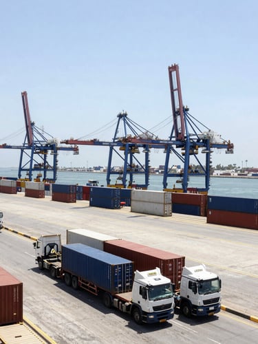 Wide environmental shot of a large container terminal at a Libyan port during bright daylight, flatbed trucks waiting, high contrast industrial tones