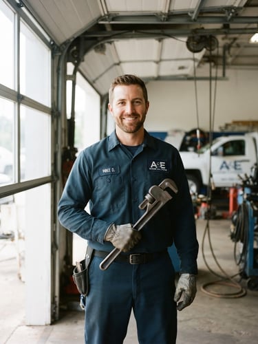 Professional garage door technician in uniform, smiling confidently, holding a heavy-duty wrench, bright natural daylight, crisp editorial photography, 35mm