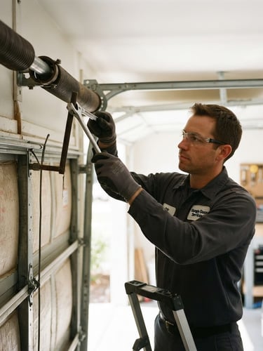 Professional garage door technician in uniform, working on a heavy-duty torsion spring mechanism inside a residential garage, bright natural daylight, crisp focus, 35mm.