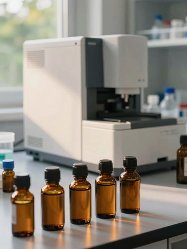 Clean clinical laboratory testing setup, amber glass bottles filled with essential oils, modern GC-MS equipment visible in background, soft natural daylight