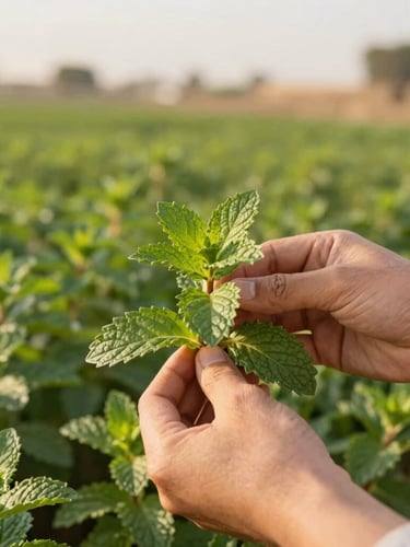 Close-up of fresh green peppermint leaves being harvested by hand in Beni Suef, rich agricultural landscape under golden morning sunlight