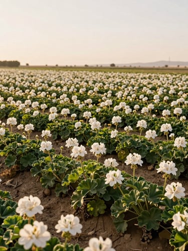 Wide-angle panoramic shot of sun-drenched Geranium fields in Fayoum, Egypt, golden-hour natural daylight, soft botanical greens, 35mm lens