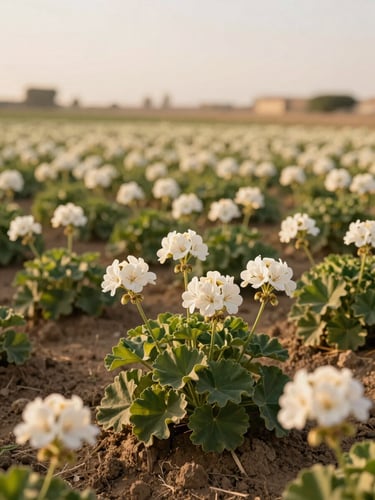 Wide-angle portrait of a sun-drenched Geranium field in Fayoum at golden hour, rich dark soil, soft focus background, warm natural daylight