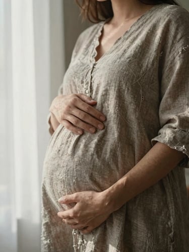 Close-up portrait of an expectant mother, soft side window lighting casting gentle shadows, rich textures of her linen dress.
