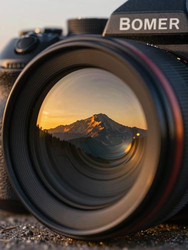 Primer plano macro de la lente de una cámara fotográfica profesional reflejando un paisaje montañoso al atardecer, destello de luz dorado, texturas metálicas nítidas.