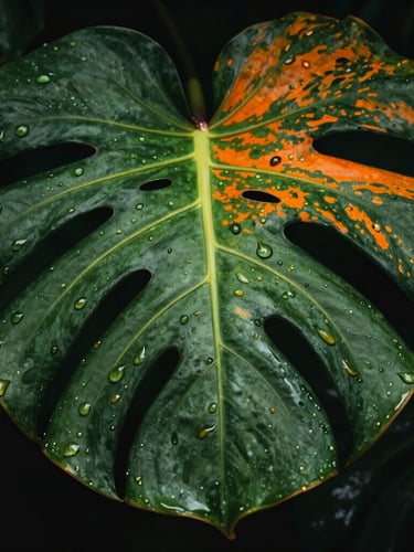 Dramatic close-up macro photography of a tropical leaf with vibrant green and orange veins, dew drops reflecting light, rich contrast, dark background