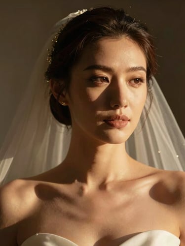 Dramatic portrait of a bride in natural golden hour light, rich skin tones, high-contrast shadows, warm champagne highlights.