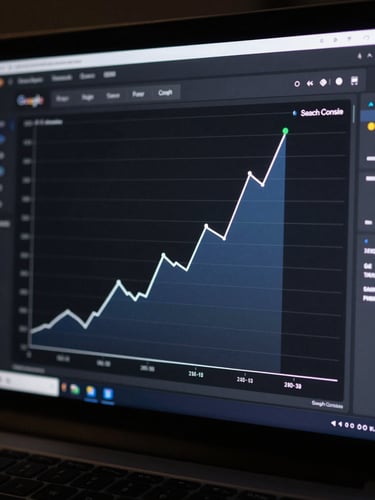 Tight crop on a dark-mode SEO dashboard screen filling the frame — a Google Search Console traffic graph showing a sharp upward spike in the right half of the chart, the peak annotated with a green data point, screen glow the only light source, deep blue and white data lines on near-black background, no surrounding desk or hands visible