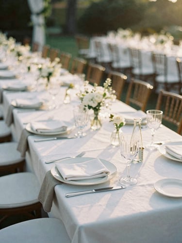 Wide shot of an elegantly set wedding reception table in a beautifully lit outdoor venue before guests arrive, soft golden-hour light, shallow depth of field, 35mm film aesthetic.