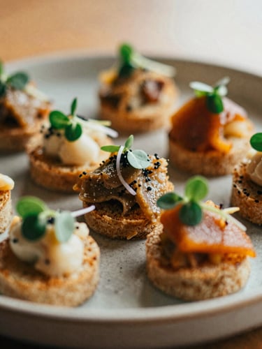 Close-up of a beautifully plated appetizer on a stoneware plate, garnished with microgreens, shallow depth of field, warm natural light, 35mm film aesthetic.