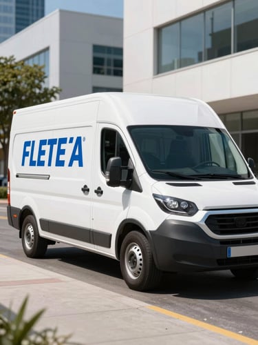 Angular shot of a modern clean white moving truck with blue FLETE.AR branding parked in a bright daylight corporate district, sharp commercial style