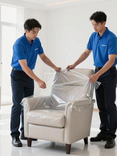 Professional uniformed operators wearing clean corporate blue polo shirts carefully wrapping a luxury leather armchair with technical protective film inside a bright high-end residence, 35mm lens.