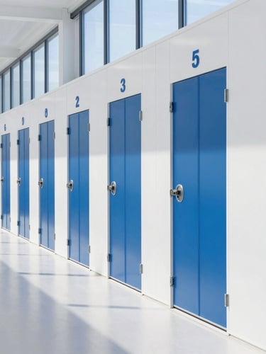 Wide angular shot of a premium, ultra-clean, modern storage facility hallway with numbered private steel doors, bright daylight coming from high windows, professional commercial style